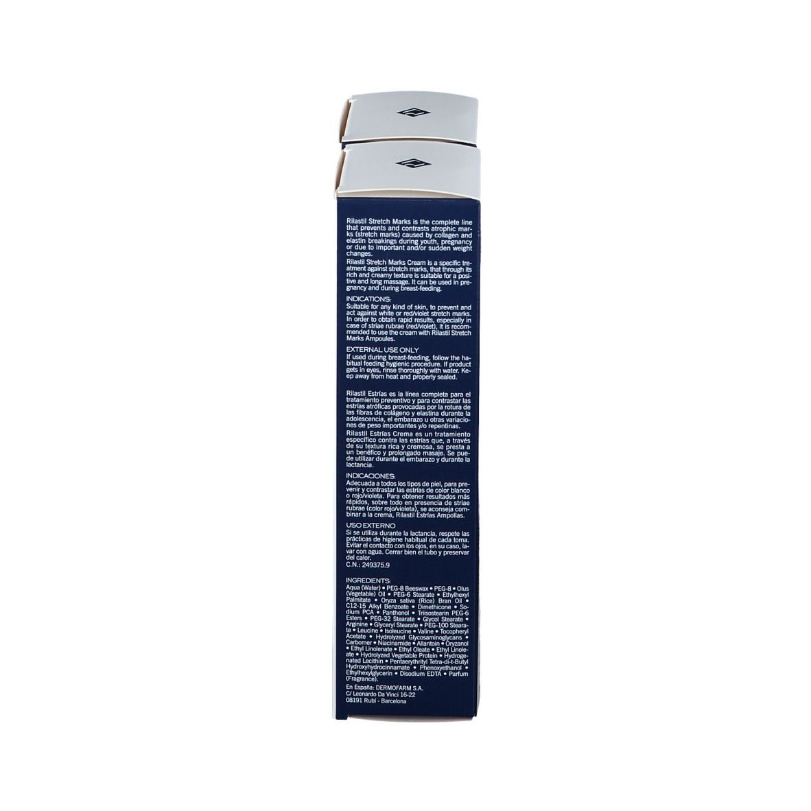 Vista laterale di una scatola di crema RILASTIL® smagliature. Testo multilingue.