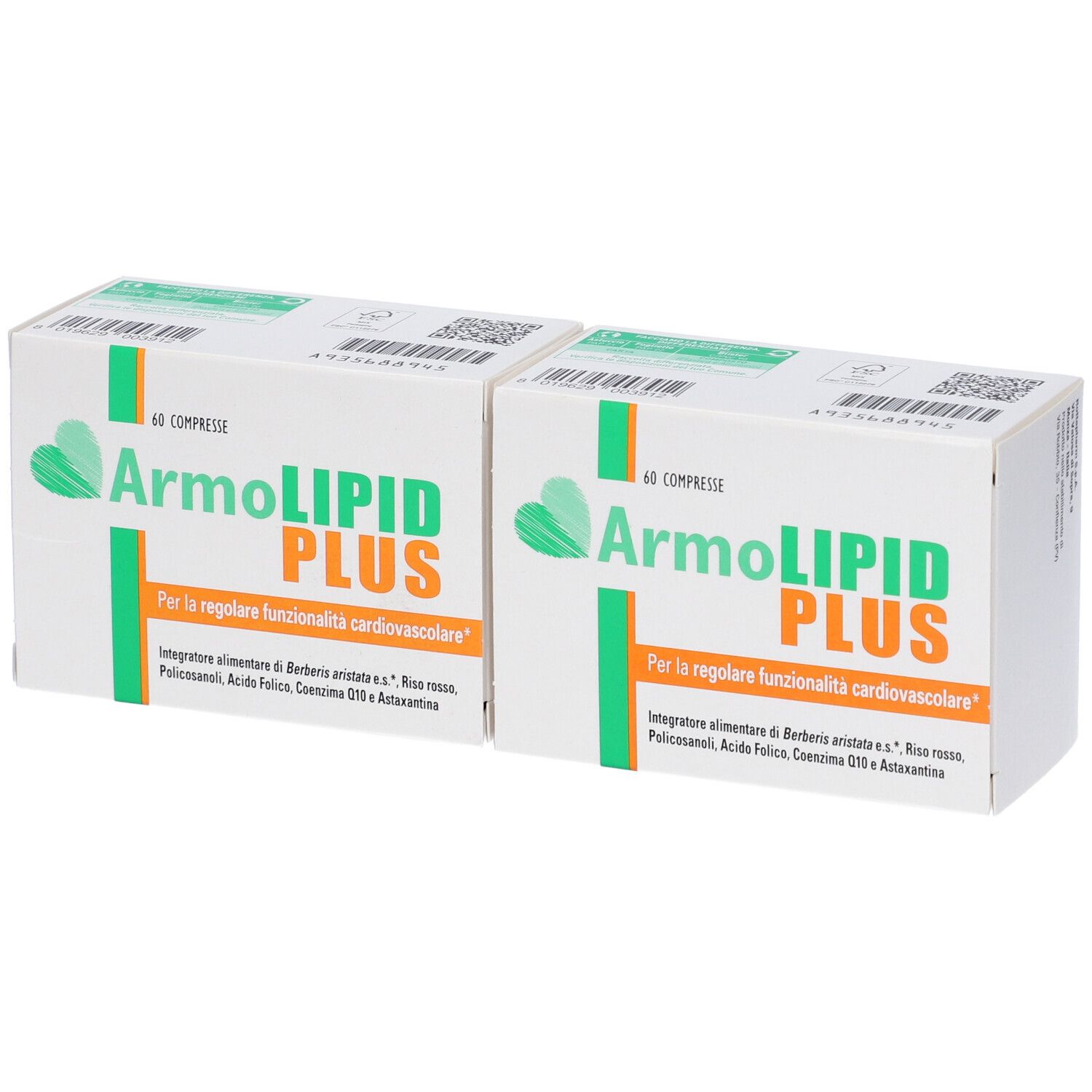 Due scatole ArmoLIPID PLUS. Scritto: 60 Compresse. Design verde-arancione. Testo: Per la regolare funzionalità cardiovascolare.