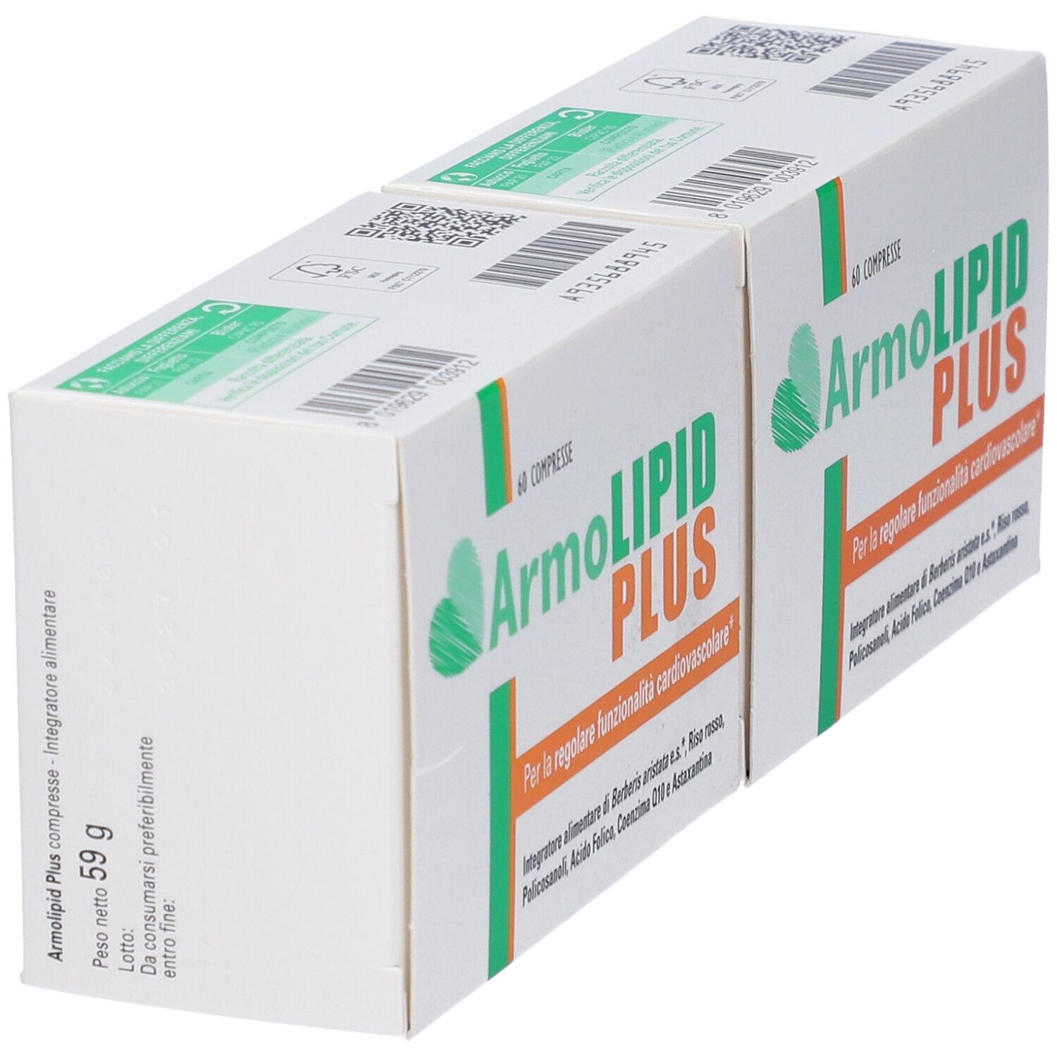 Due scatole ArmoLIPID PLUS. Scritto: 60 Compresse. Design verde-arancione. Testo: Per la regolare funzionalità cardiovascolare.