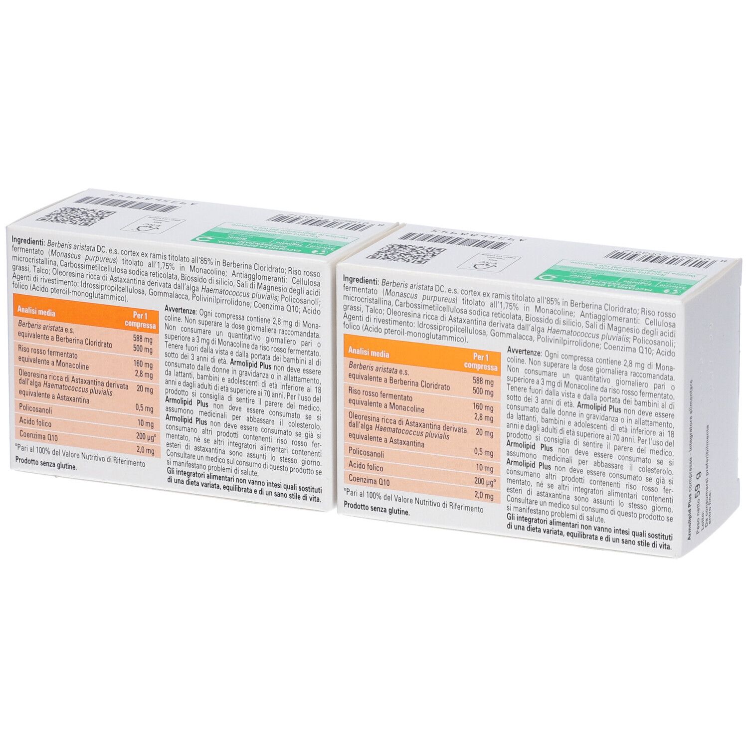 Due scatole ArmoLIPID PLUS. Scritto: 60 Compresse. Design verde-arancione. Testo: Per la regolare funzionalità cardiovascolare.