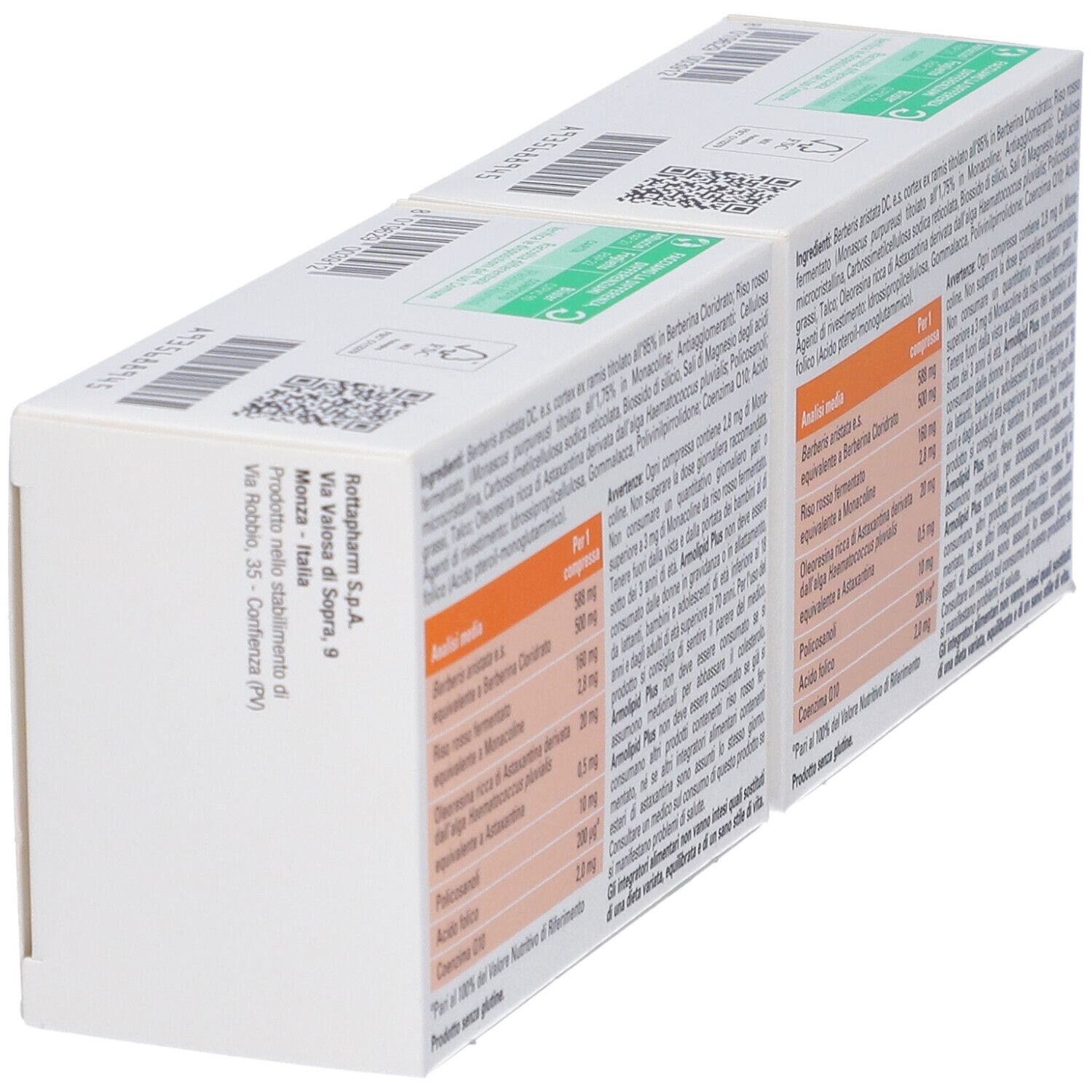 Due scatole ArmoLIPID PLUS. Scritto: 60 Compresse. Design verde-arancione. Testo: Per la regolare funzionalità cardiovascolare.