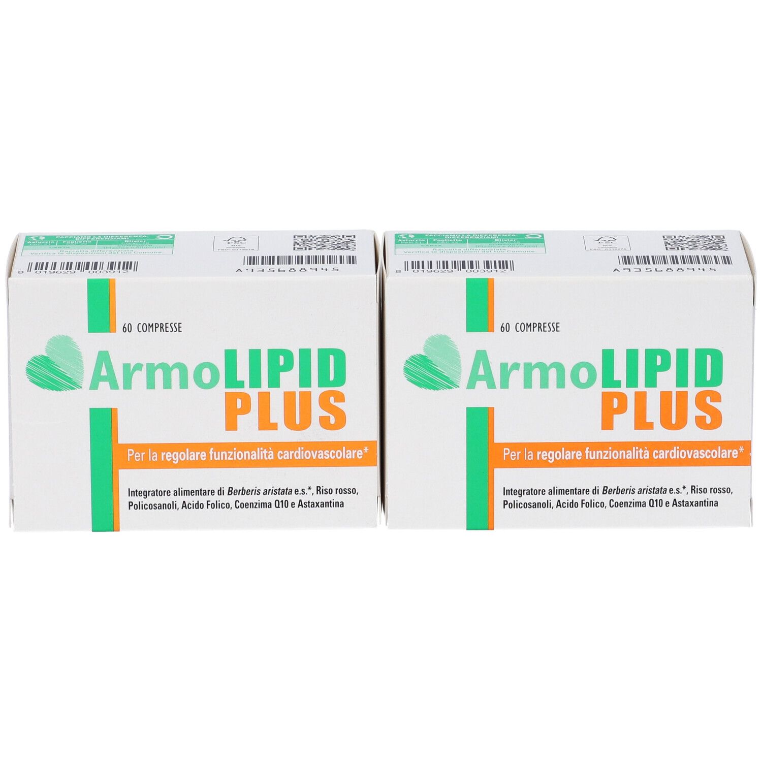 Due scatole ArmoLIPID PLUS. Scritto: 60 Compresse. Design verde-arancione. Testo: Per la regolare funzionalità cardiovascolare.
