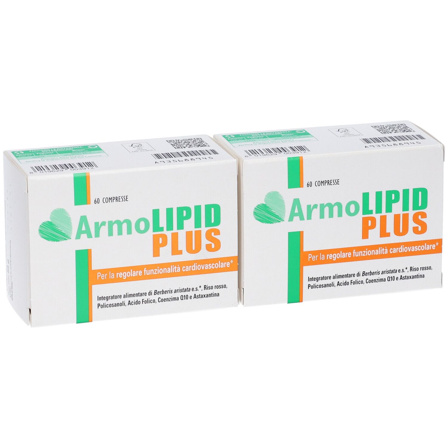 Due scatole ArmoLIPID PLUS. Scritto: 60 Compresse. Design verde-arancione. Testo: Per la regolare funzionalità cardiovascolare.