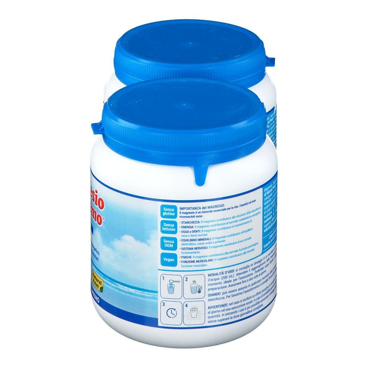 Due barattoli bianchi con coperchi blu. Retro con testo in italiano. Informazioni e istruzioni.
