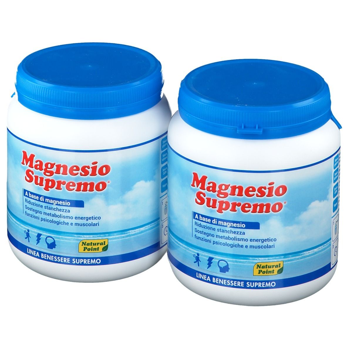 Due barattoli bianchi con coperchi blu. Scritta Magnesio Supremo. Testo in italiano. Logo Natural Point.