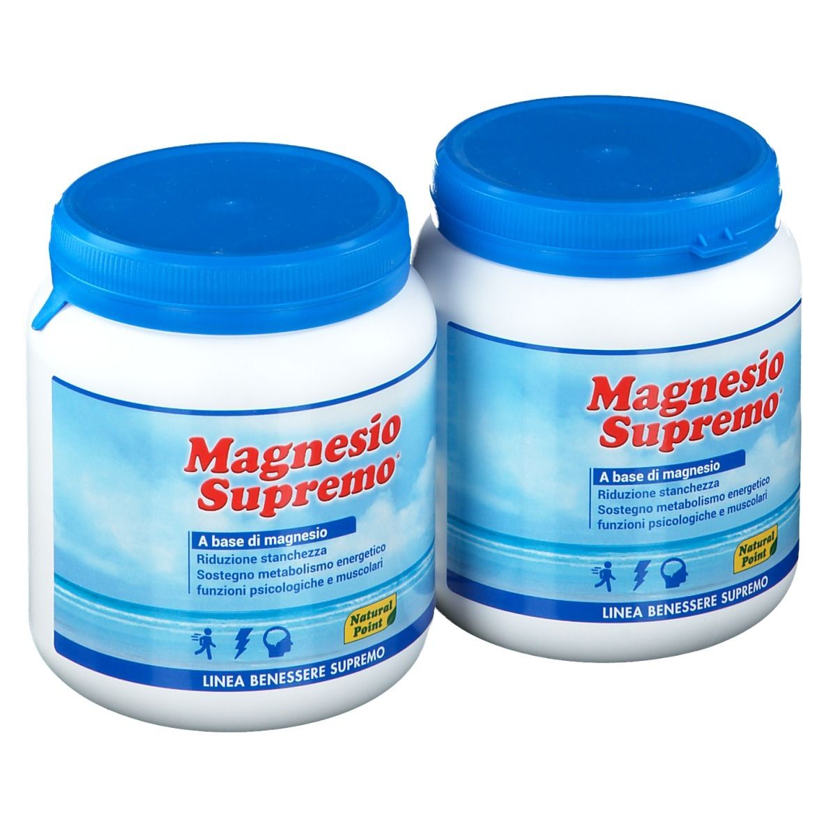 Due barattoli bianchi con coperchi blu. Scritta Magnesio Supremo. Testo in italiano. Logo Natural Point.