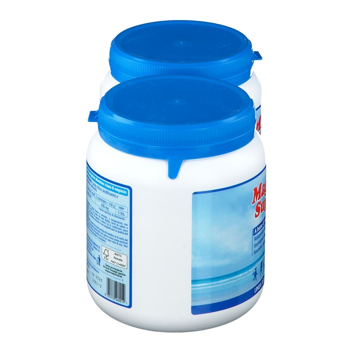 Due barattoli bianchi con coperchi blu. Retro con testo in italiano. Ingredienti e informazioni.