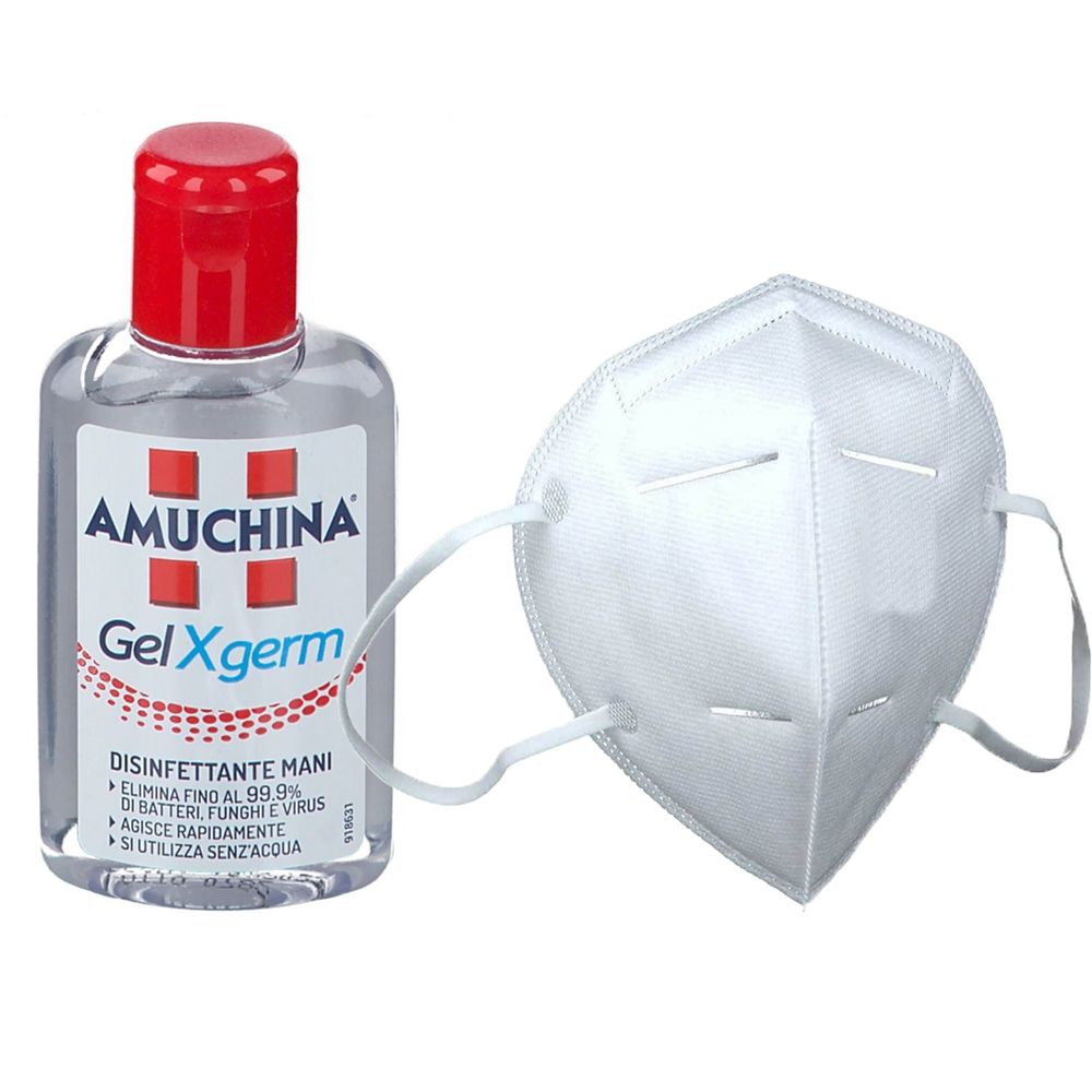 Flacone trasparente con tappo rosso e mascherina bianca. Sul flacone è scritto "AMUCHINA Gel Xgerm".