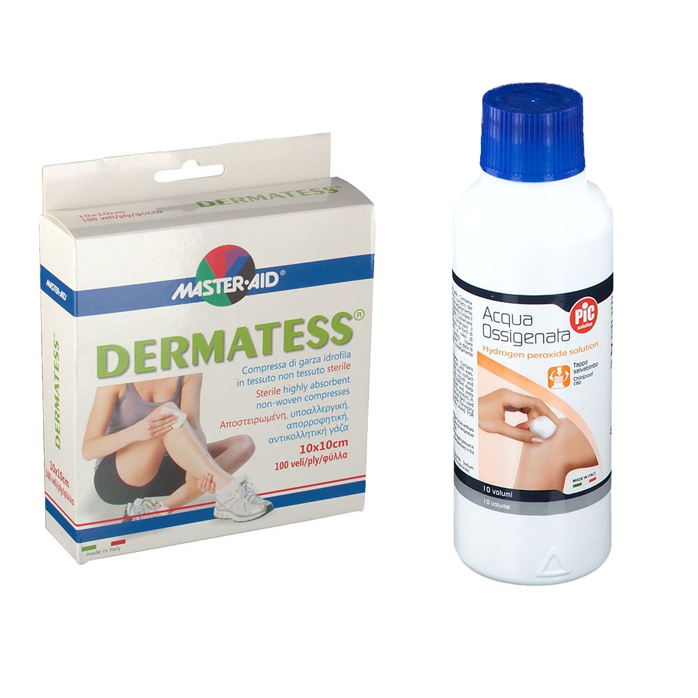 Master-Aid® Dermatess® 10 x 10 cm Garza in Tessuto e Pic Acqua Ossigenata 10 Volumi