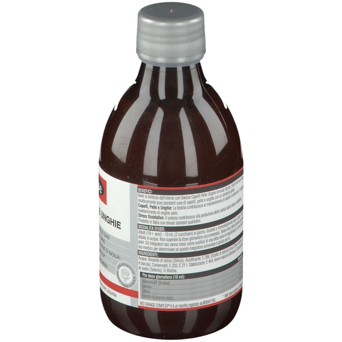 Bottiglia marrone con tappo argentato. Retro con testo. Etichetta con nome del prodotto e marchio Swisse. Testo: Capelli Pelle Unghie.