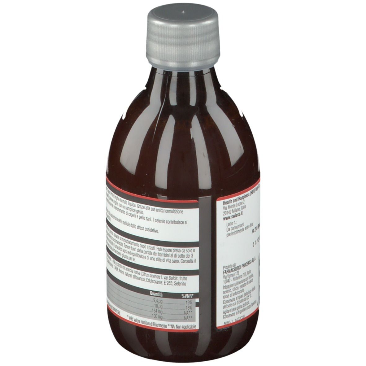 Bottiglia marrone con tappo argentato. Retro con testo. Etichetta con nome del prodotto e marchio Swisse. Testo: Capelli Pelle Unghie.
