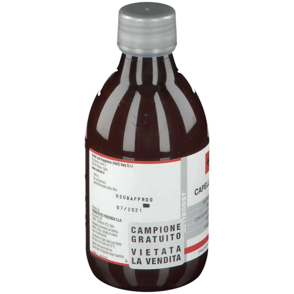 Bottiglia marrone con tappo argentato. Etichetta con nome del prodotto e marchio Swisse. Testo: Capelli Pelle Unghie. Scritta: Campione Gratuito.