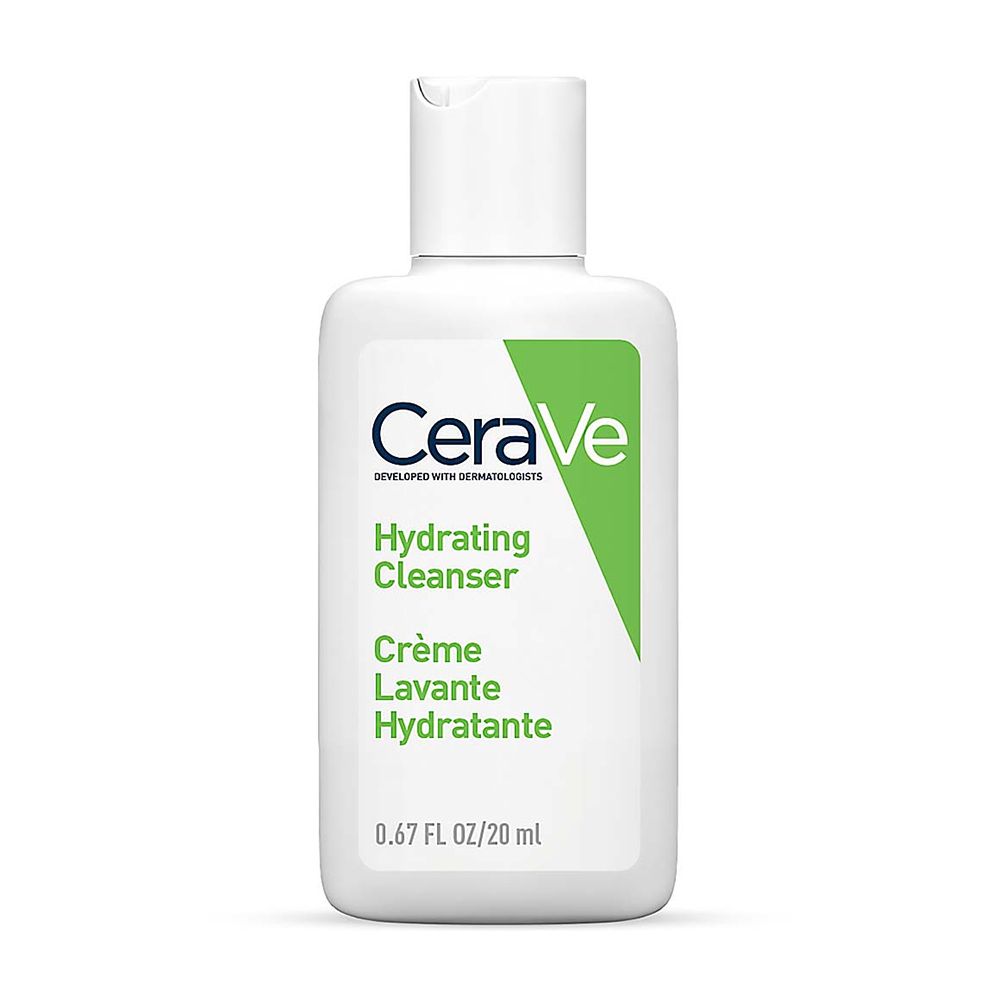 Flacone bianco con accento verde. Scritta CeraVe, Hydrating Cleanser, Crème Lavante Hydratante. 0,67 FL OZ/20 ml.