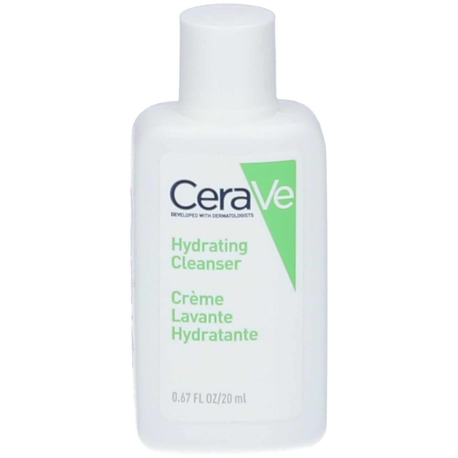 Flacone bianco con accento verde. Scritta CeraVe, Hydrating Cleanser, Crème Lavante Hydratante. 0,67 FL OZ/20 ml.