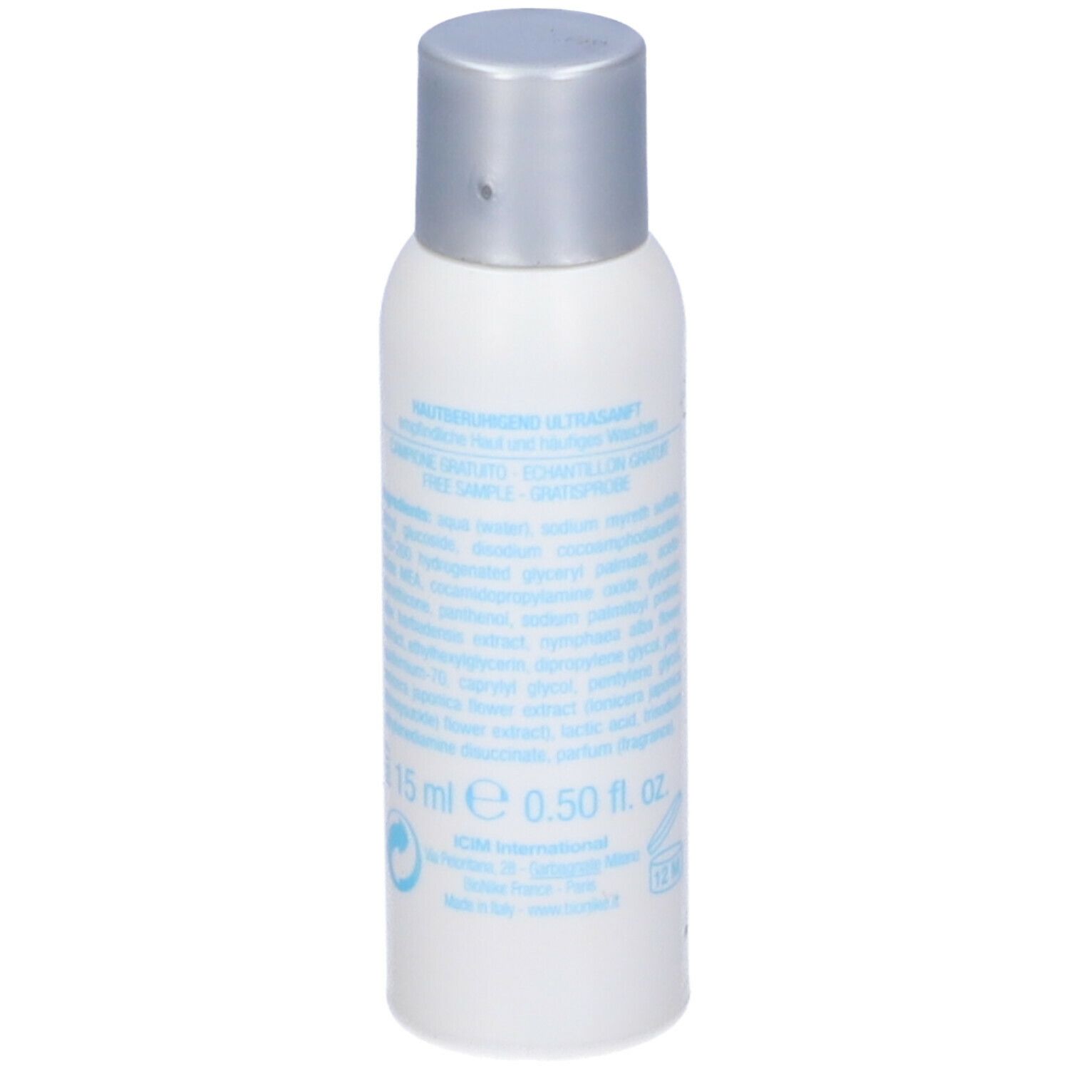 Flacone bianco, tappo argento. Testo: Ingredienti, 15 ml, 0.50 fl. oz. e loghi.
