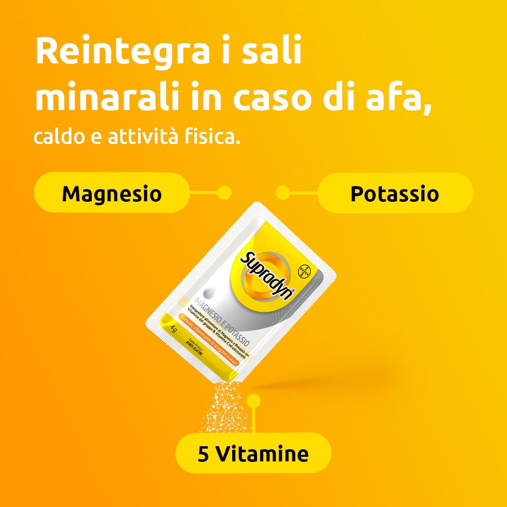 Una bustina di Supradyn. Testo: "Magnesio e Potassio con 5 vitamine". Granuli versati in un bicchiere.
