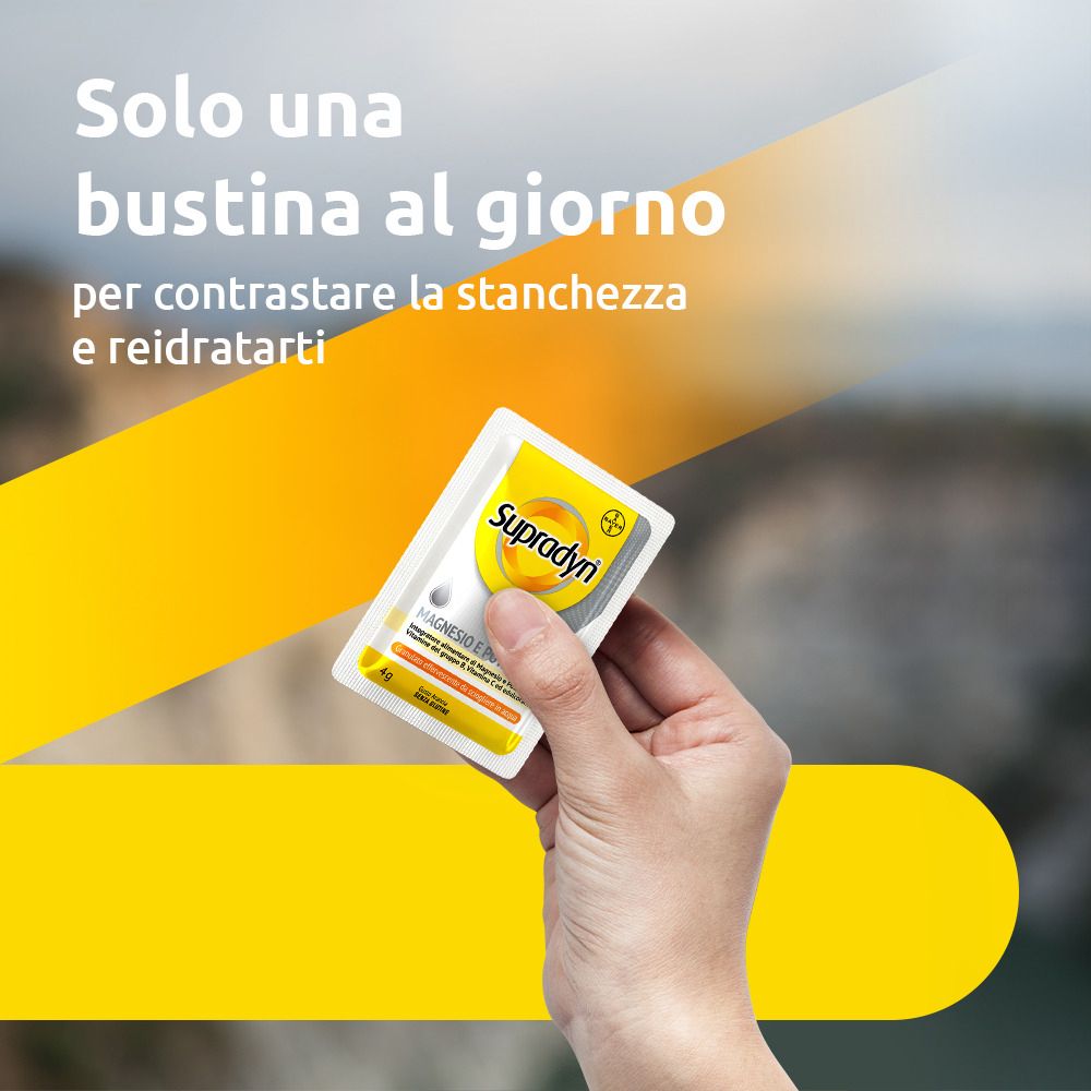 Una mano tiene una bustina di Supradyn. Testo: "Solo una bustina al giorno".