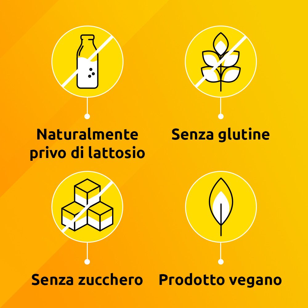 Simboli: Senza lattosio, senza glutine, senza zucchero, vegano. Testo: "Naturalmente privo di lattosio", "Senza glutine", "Senza zucchero", "Prodotto vegano".
