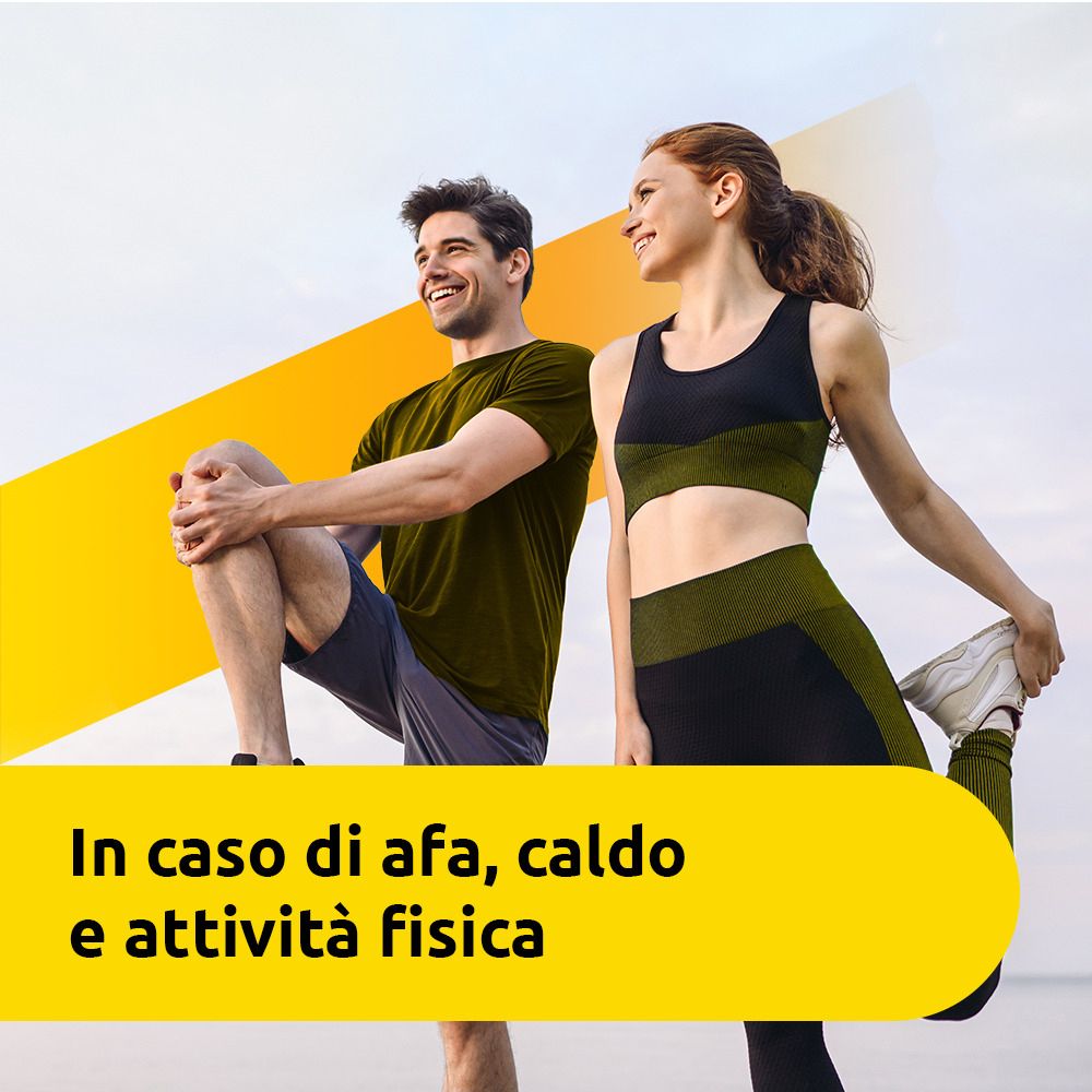 Un uomo e una donna si allenano. Testo: "In caso di afa, caldo e attività fisica".