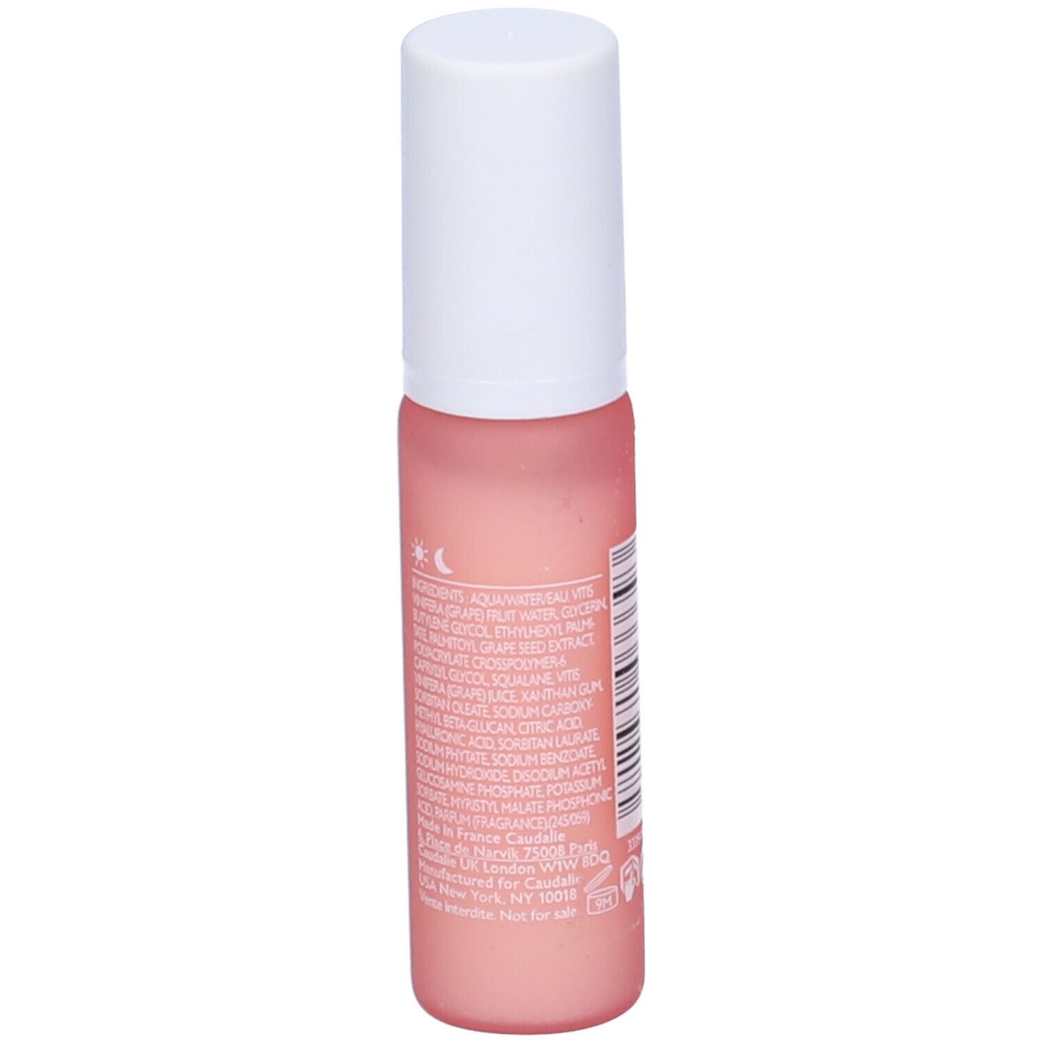 Flacone rosa con tappo bianco. Scritta CAUDALIE PARIS, Vinosource-Hydra, Serum S.O.S. Rehydratant.