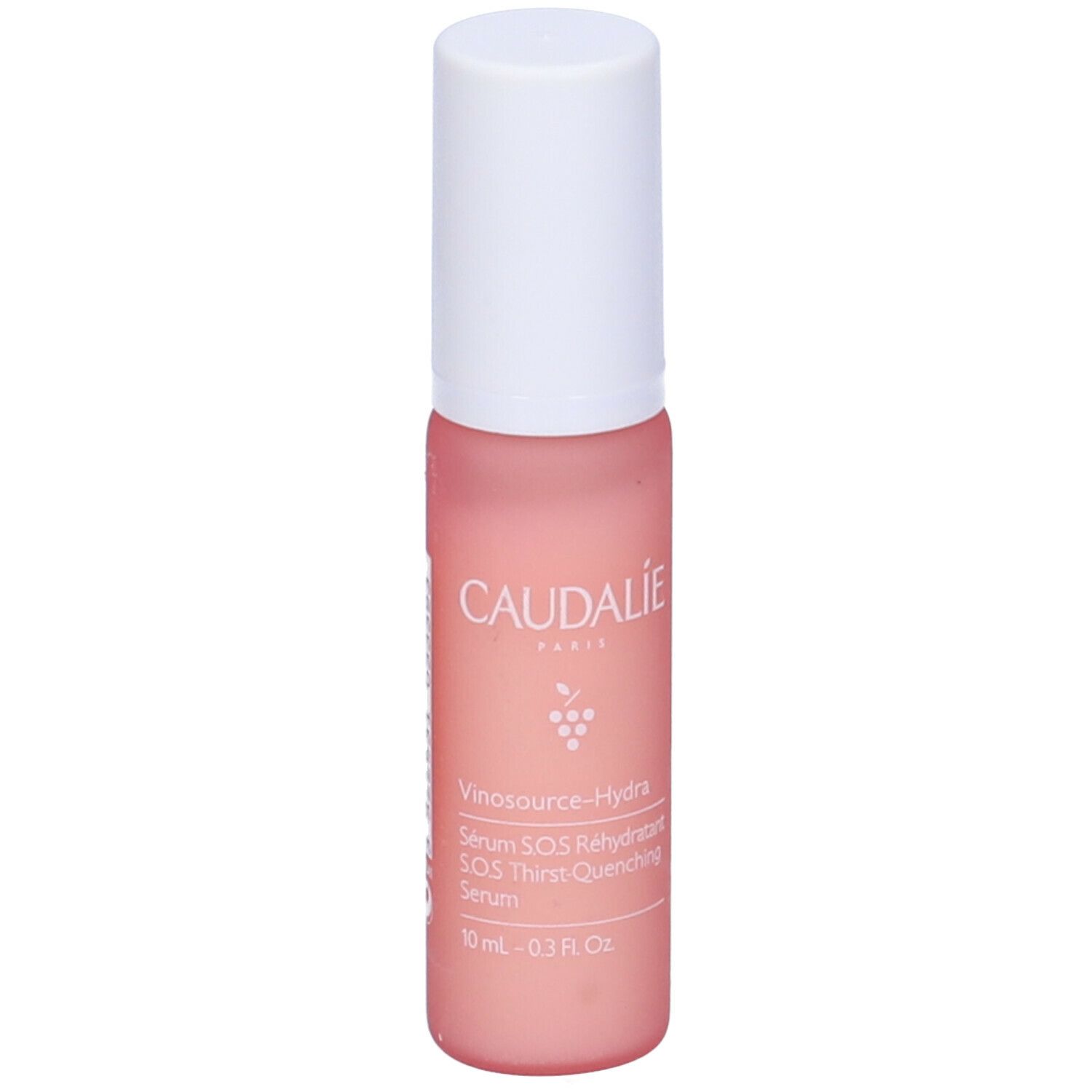 Flacone rosa con tappo bianco. Scritta CAUDALIE PARIS, Vinosource-Hydra, Serum S.O.S. Rehydratant.