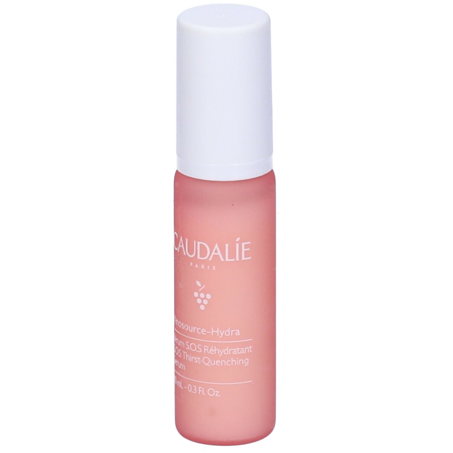 Flacone rosa con tappo bianco. Scritta CAUDALIE PARIS, Vinosource-Hydra, Serum S.O.S. Rehydratant.