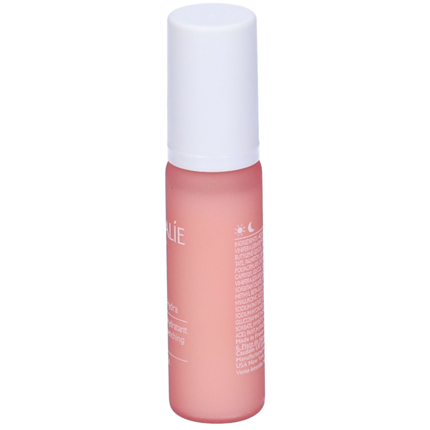 Flacone rosa con tappo bianco. Scritta CAUDALIE PARIS, Vinosource-Hydra, Serum S.O.S. Rehydratant.