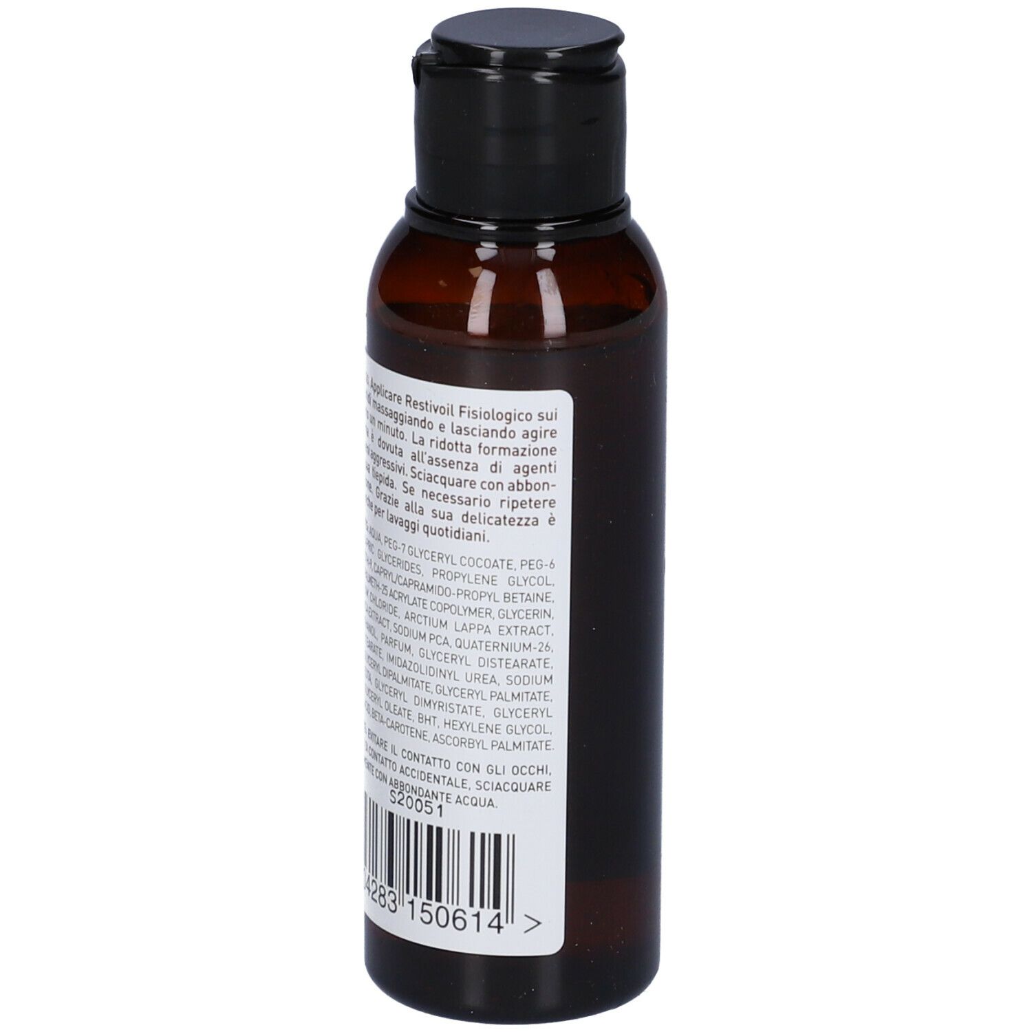 Retro del flacone marrone con tappo nero. Etichetta con ingredienti e informazioni.