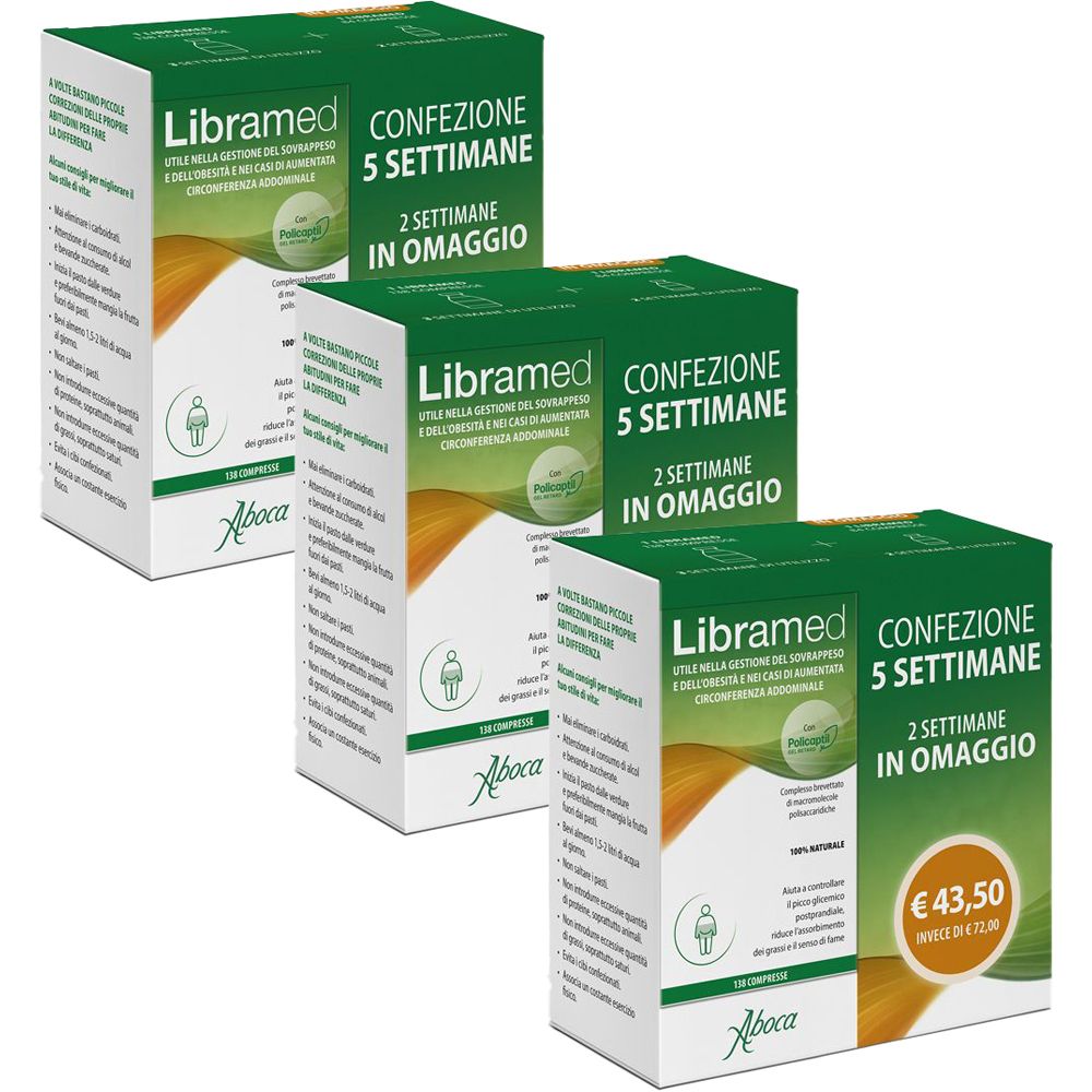 Tre scatole verdi e bianche Libramed, Confezione 5 Settimane, 2 Settimane in omaggio. Logo Aboca. Prezzo 43,50 €.