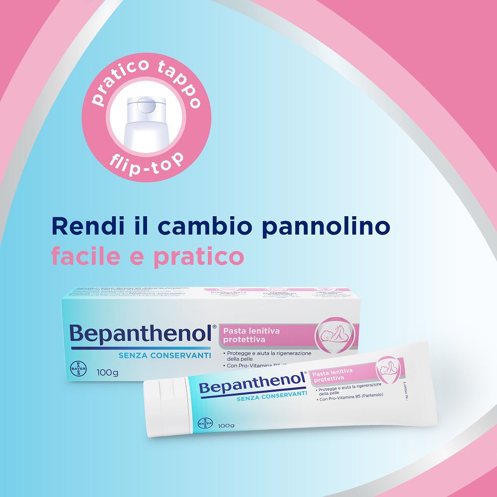 Confezione e tubo di Bepanthenol Pasta Lenitiva Protettiva. Chiusura flip-top. Testo: Rendere il cambio pannolino facile e pratico.