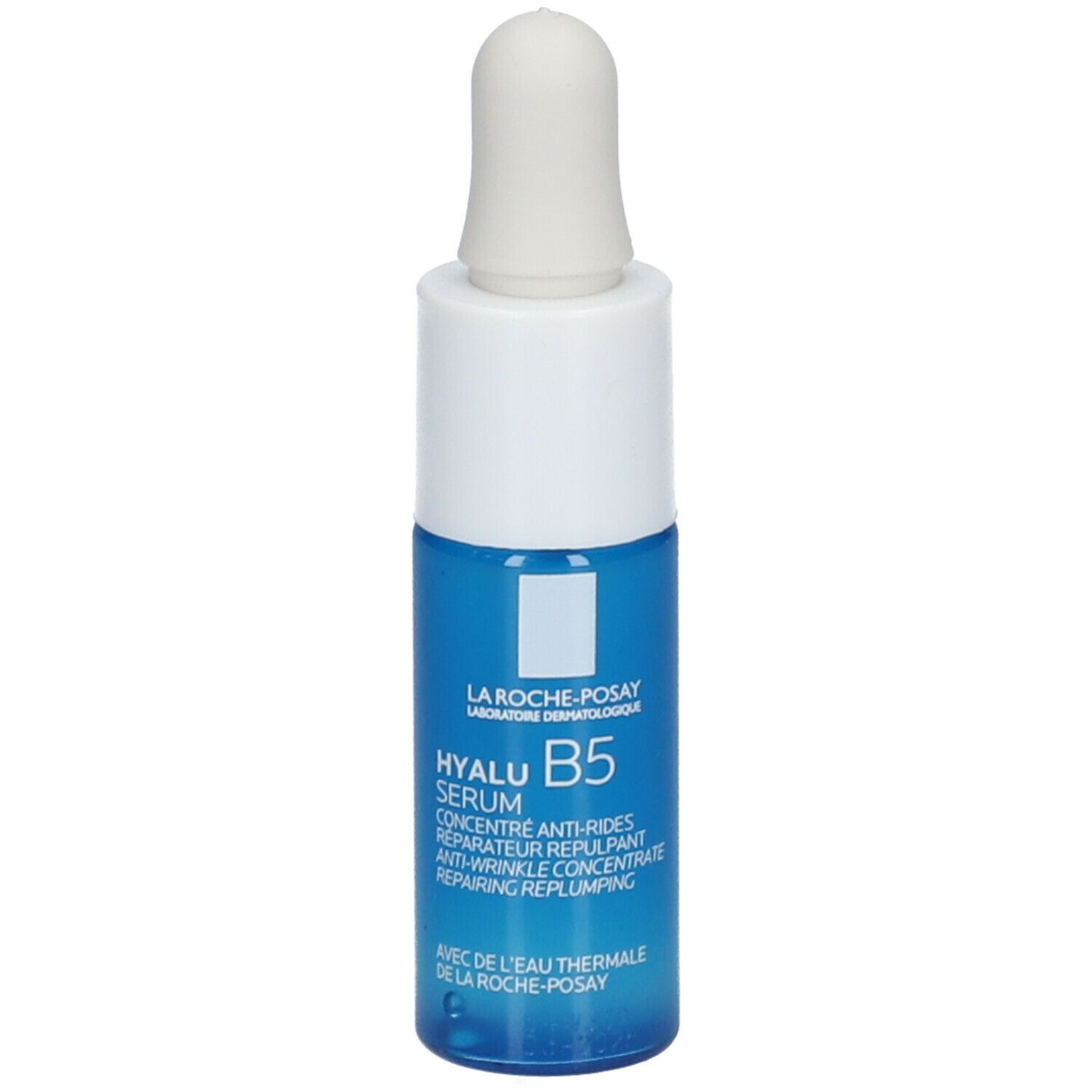 Flacone blu trasparente con tappo bianco. Scritta: Hyalu B5 Serum, concentrato antirughe. Marchio La Roche-Posay.