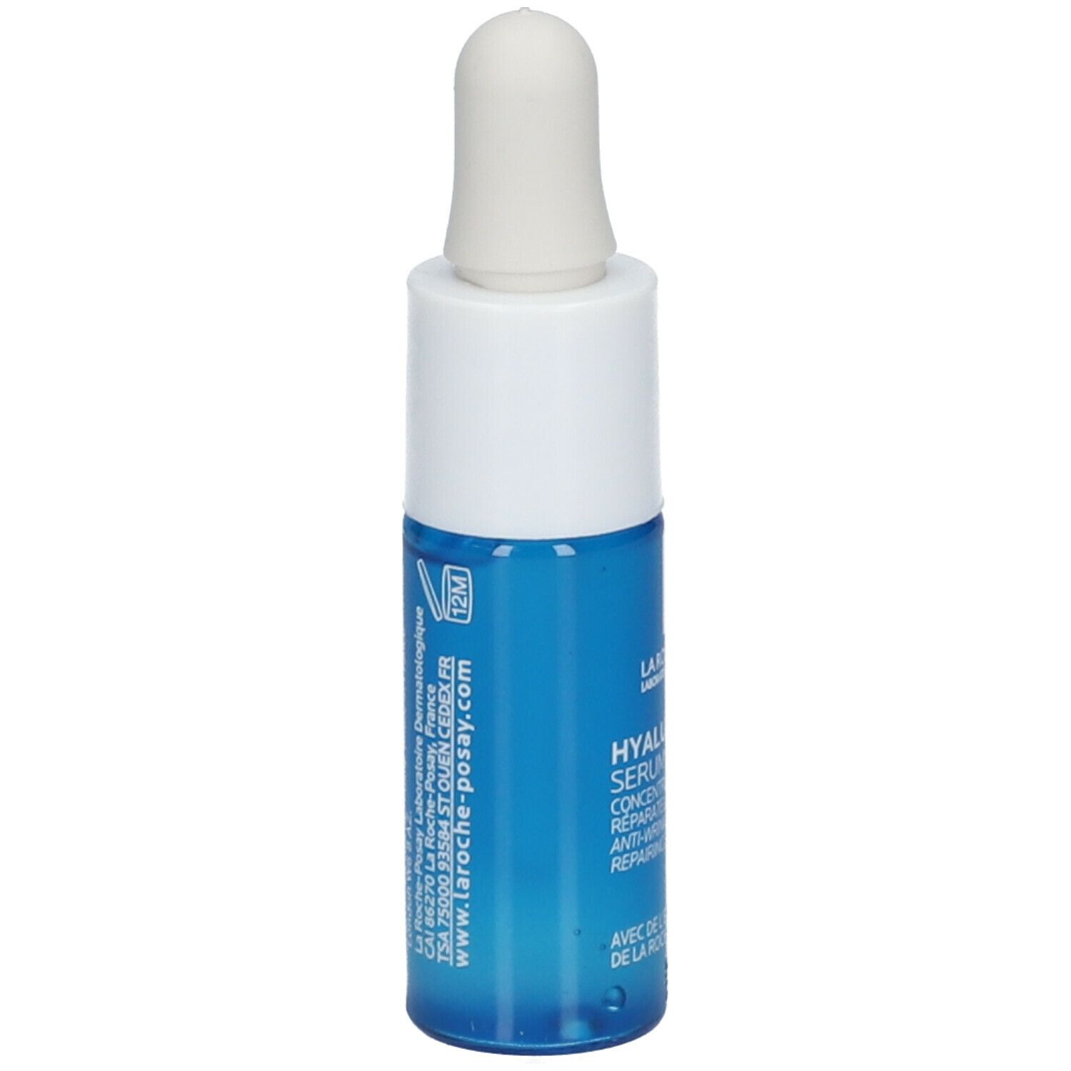 Flacone blu con tappo bianco. Scritta: Hyalu B5 Serum. Retro con testo e simbolo 12M. Marchio La Roche-Posay.