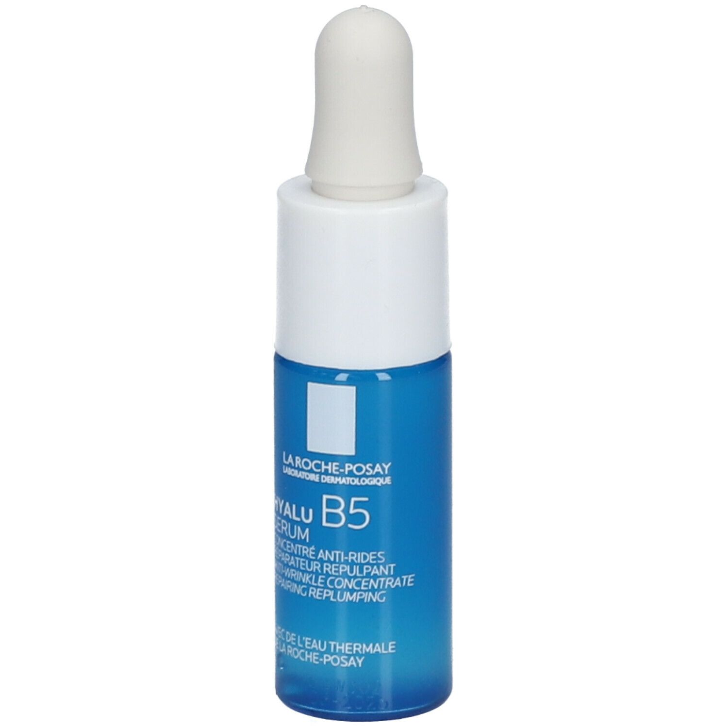 Flacone blu con tappo bianco. Scritta: Hyalu B5 Serum, concentrato antirughe. Marchio La Roche-Posay.