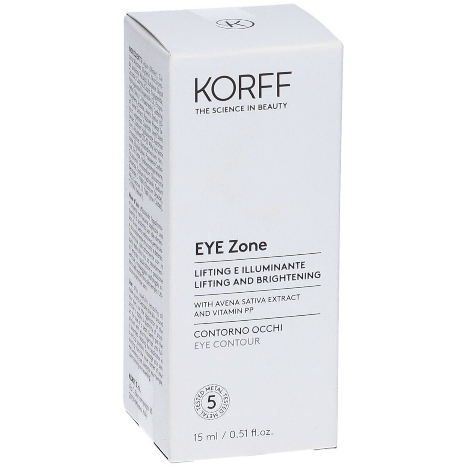 Scatola bianca KORFF EYE Zone. Scritte in italiano e inglese. Informazioni sul prodotto.