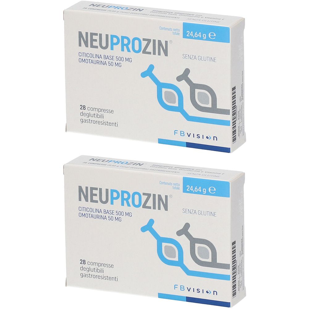 Due scatole di NEUPROZIN. Ingredienti e numero di compresse visibili. Scritta SENZA GLUTINE.