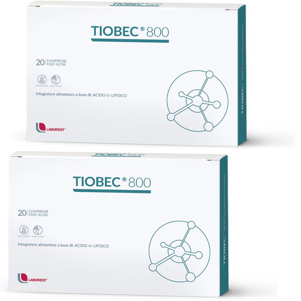 Due scatole bianche con la scritta TIOBEC® 800. Ogni scatola riporta « 20 COMPRESSE FAST SLOW » e il logo Laborest.