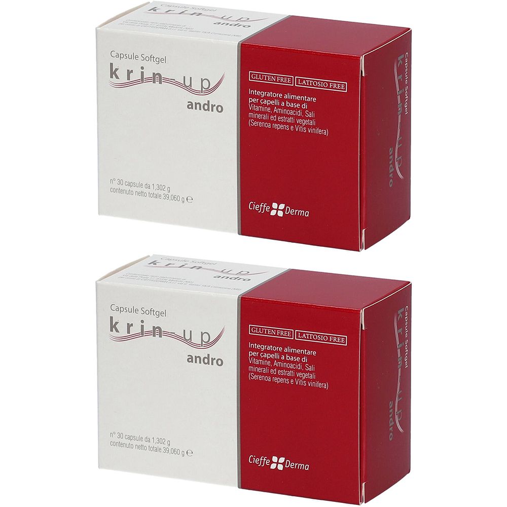 Due confezioni di Krin-up andro. Confezione bianca e rossa. Scritta: Krin-up andro, Capsule Softgel, Cieffe Derma.
