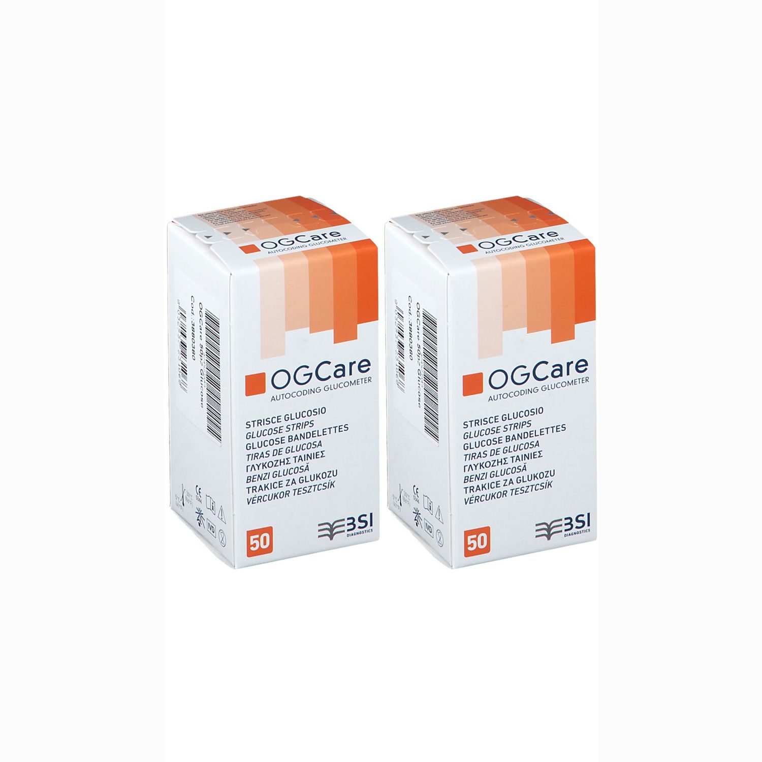 Due confezioni di strisce per glucosio OGCare. Scatole bianche con dettagli arancioni. Scritta: Strisce Glucosio, 50 pezzi.
