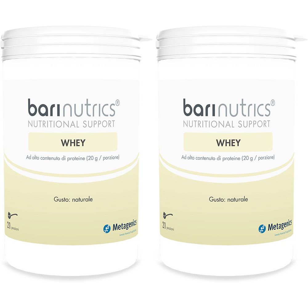 Due contenitori bianchi con la scritta "bari nutrics WHEY". Testo: "NUTRITIONAL SUPPORT". Marchio: Metagenics.