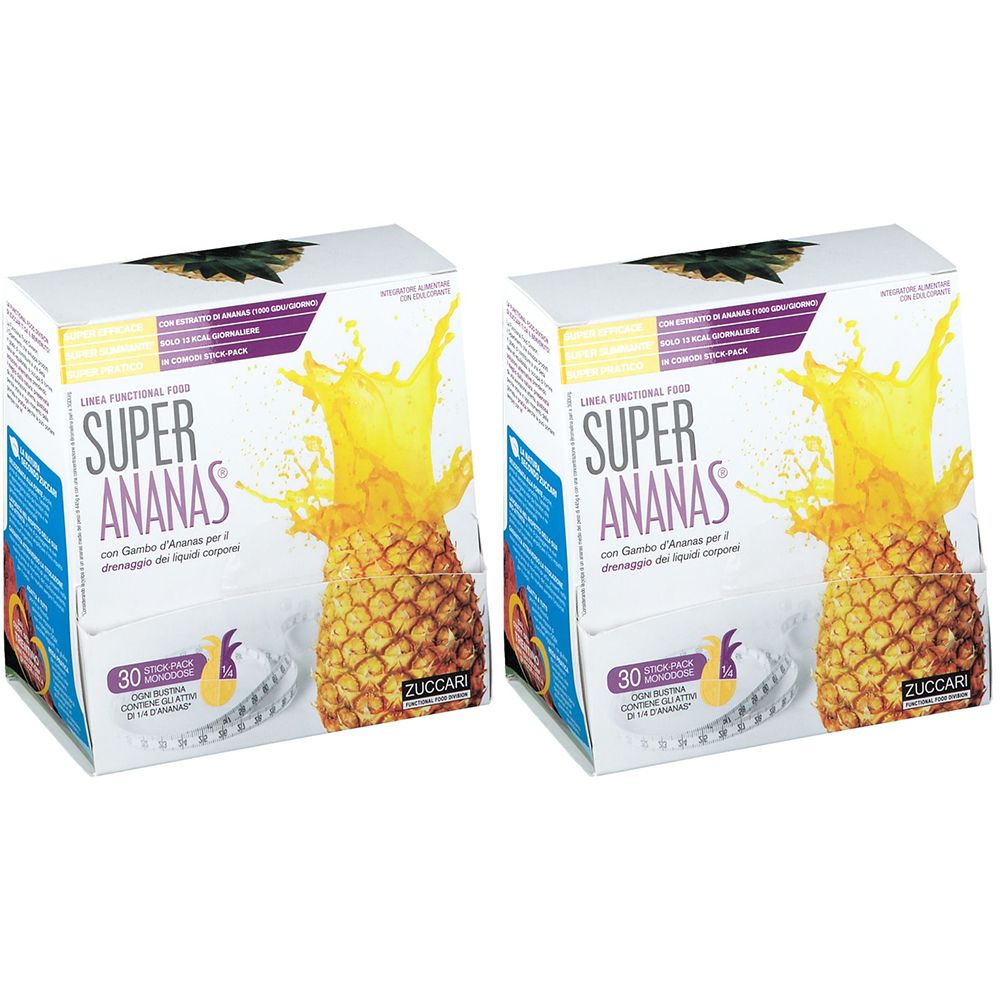 Due scatole SUPER ANANAS®. Illustrazione ananas, nome prodotto, 30 stick, logo ZUCCARI. Sfondo bianco.