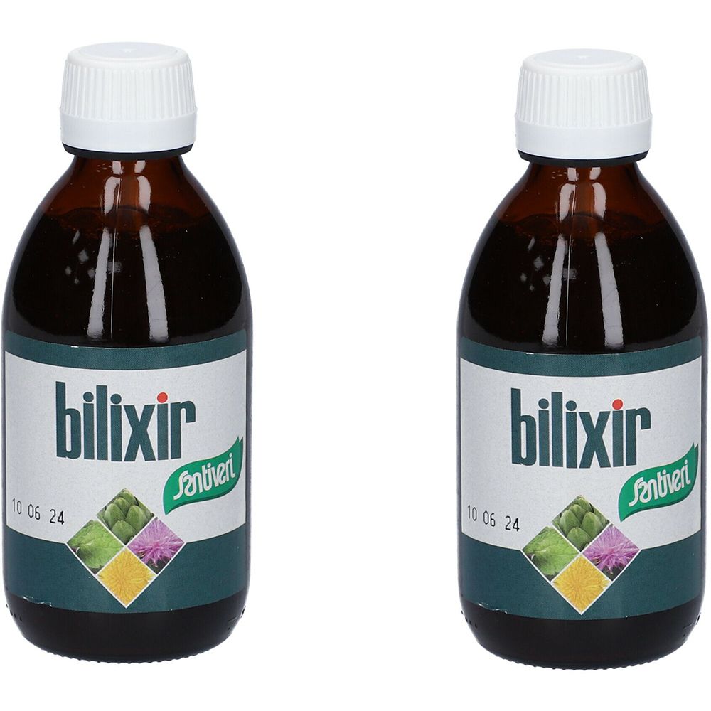 Due bottiglie marroni con tappi bianchi. L'etichetta riporta "bilixir Santiveri". Sotto, illustrazioni di piante.