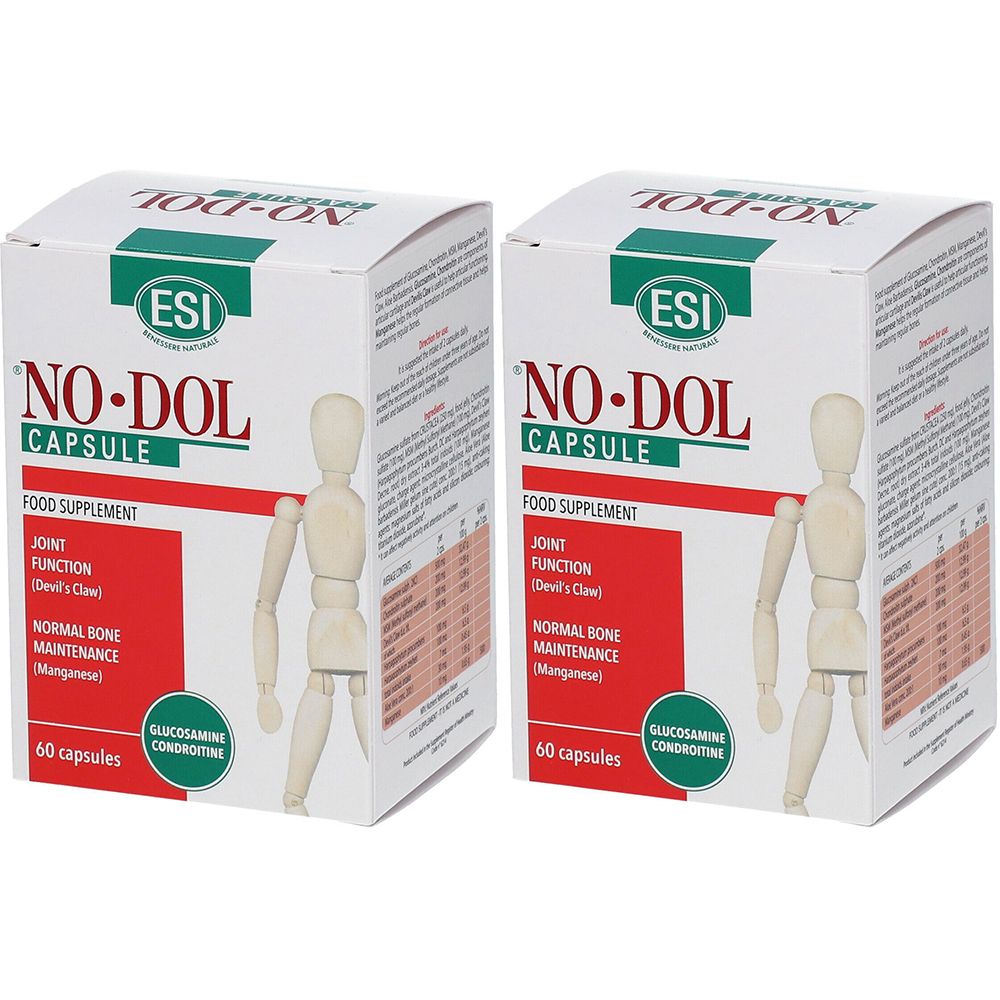 Due scatole di "NO-DOL CAPSULE". Bianche, con testo rosso e verde. Contiene 60 capsule. Logo ESI.