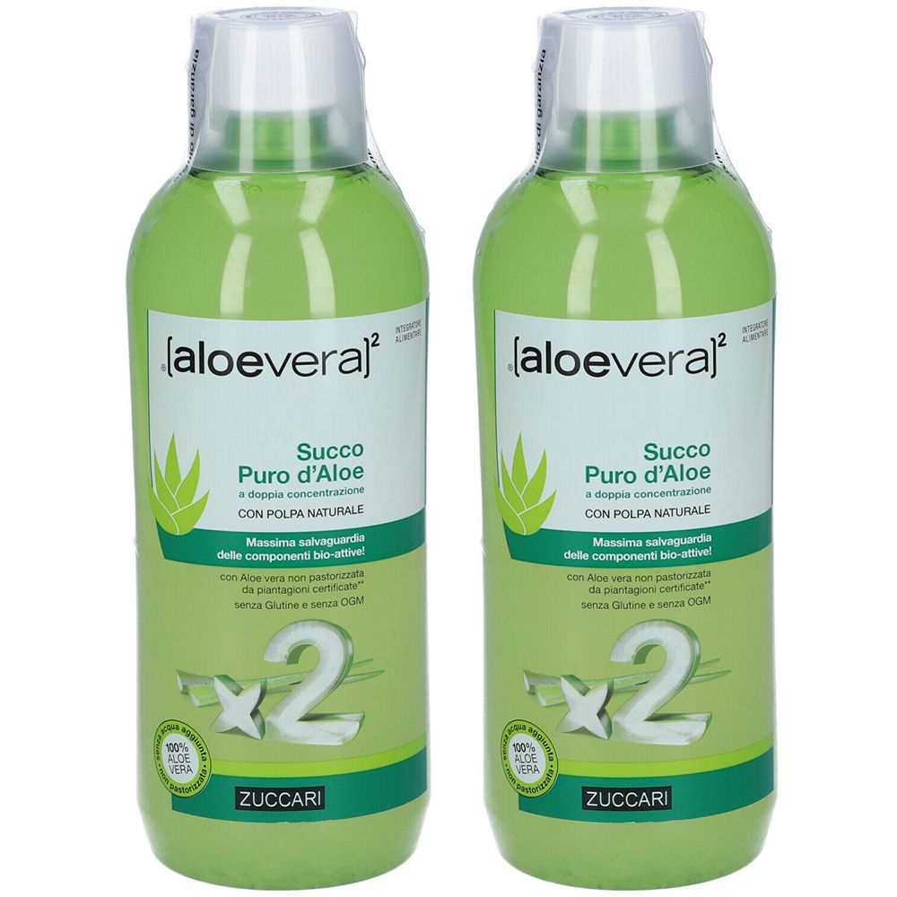 Due bottiglie di [aloevera]² Succo Puro d'Aloe. Liquido verde in bottiglie trasparenti con tappo bianco. Testo e logo sull'etichetta.