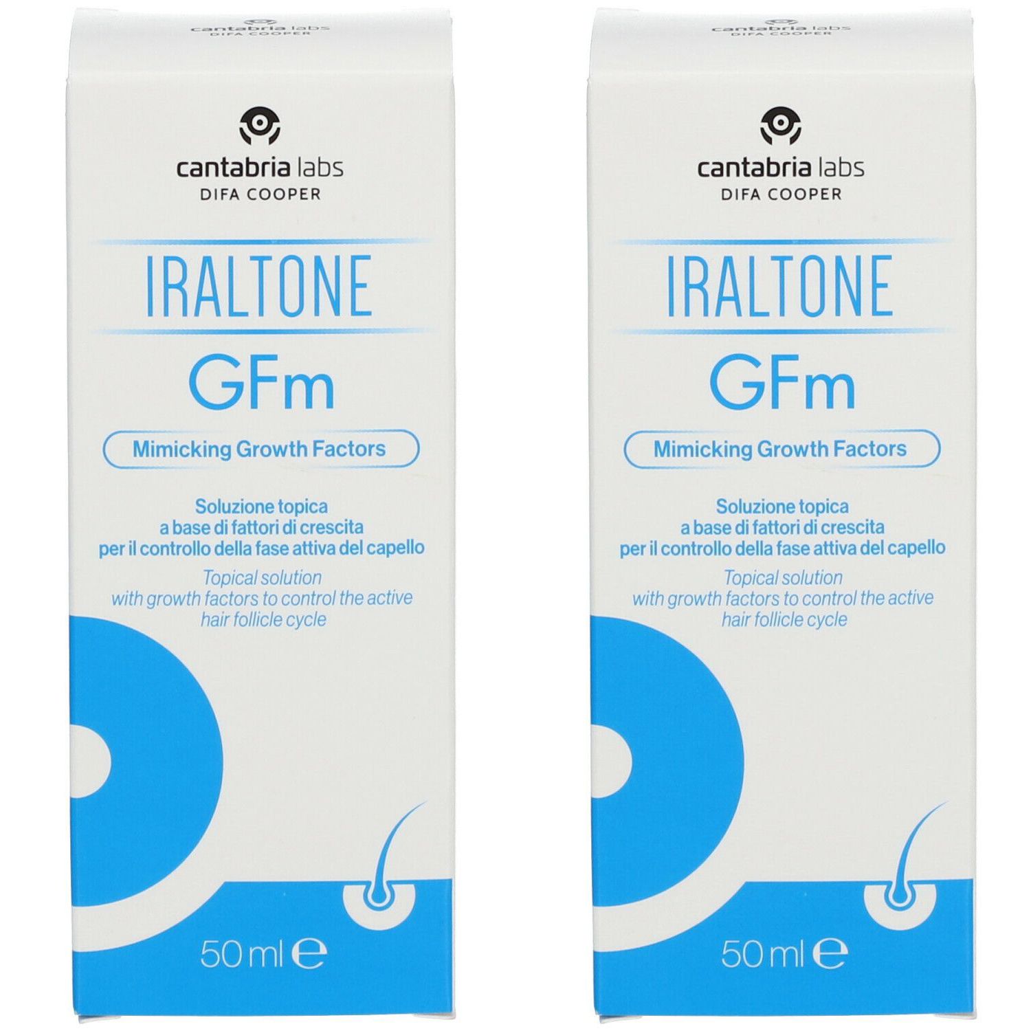 Due scatole bianche con design blu. Scritta: Iraltone GFm, Mimicking Growth Factors. 50 ml.