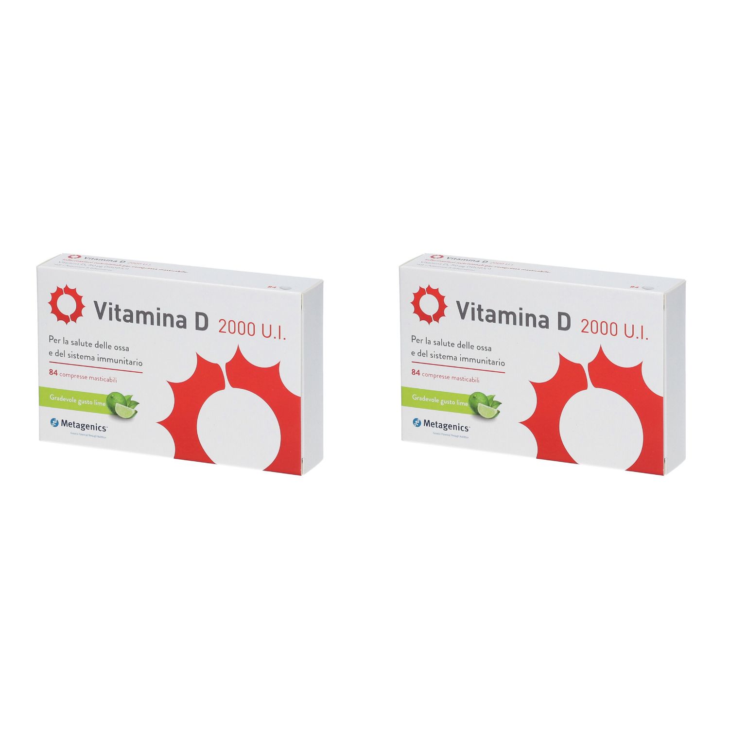 Due confezioni bianche con "Vitamina D 2000 U.I.". Design rosso e verde. Marchio Metagenics visibile.