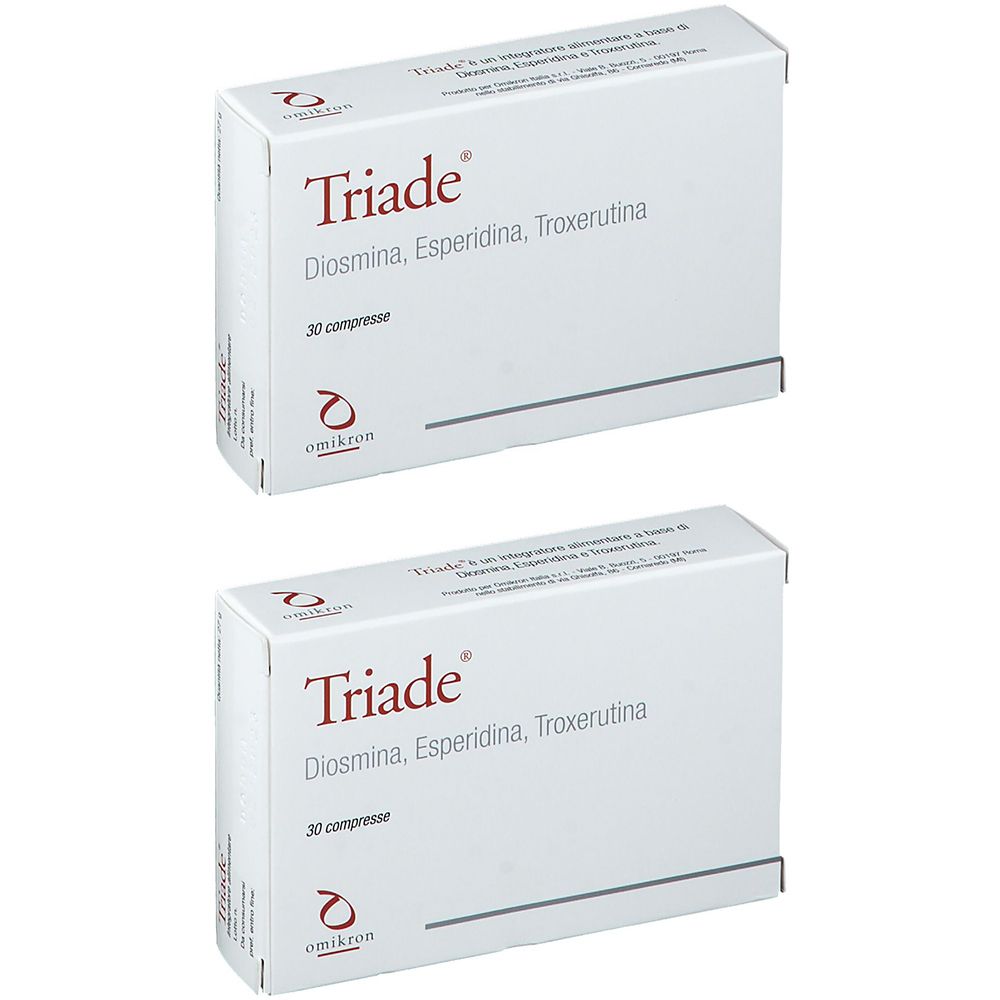 Due scatole bianche con la scritta "Triade". Sotto sono indicati gli ingredienti e il numero di compresse. Visibile anche il logo.