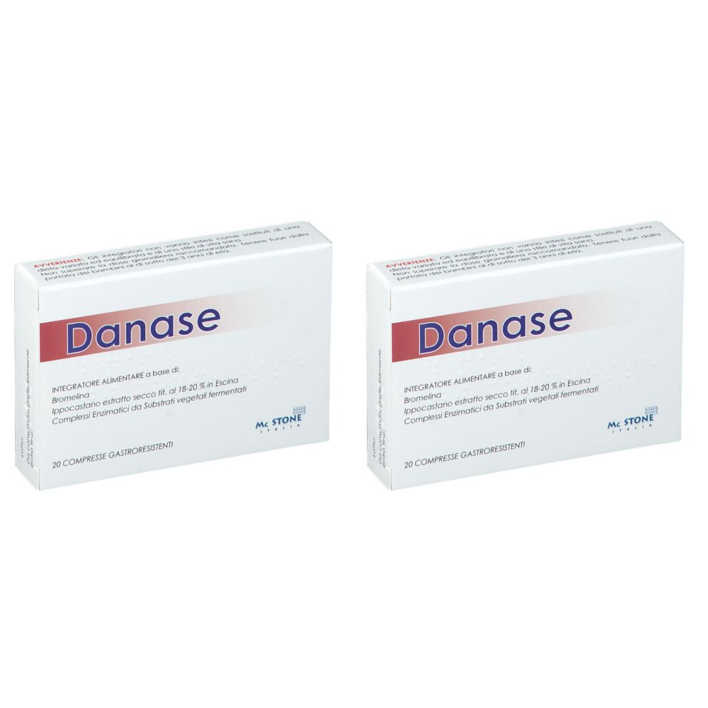 Due scatole di "Danase". Barra rossa con testo bianco. Testo sottostante. 20 compresse.