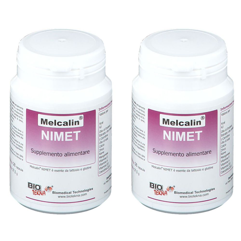 Due flaconi bianchi con etichetta "Melcalin NIMET". Scritta: Supplemento alimentare. Logo: Bio Tekna.