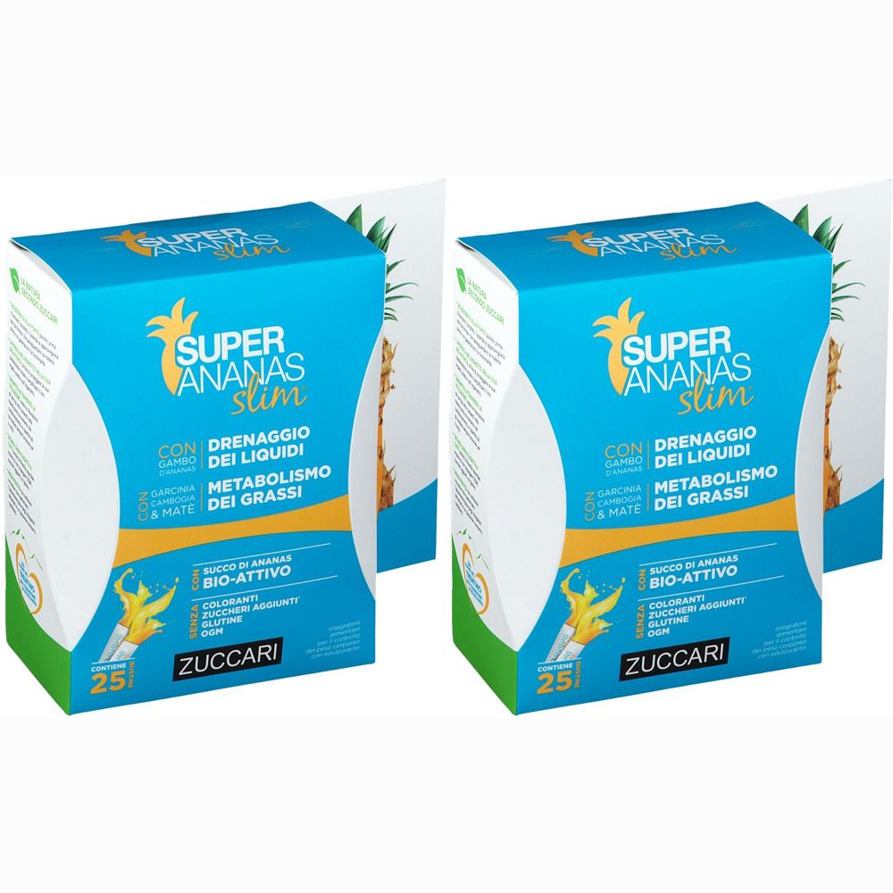 Due scatole di Super Ananas Slim. Scatole blu con dettagli gialli e informazioni sul prodotto. Marchio Zuccari.