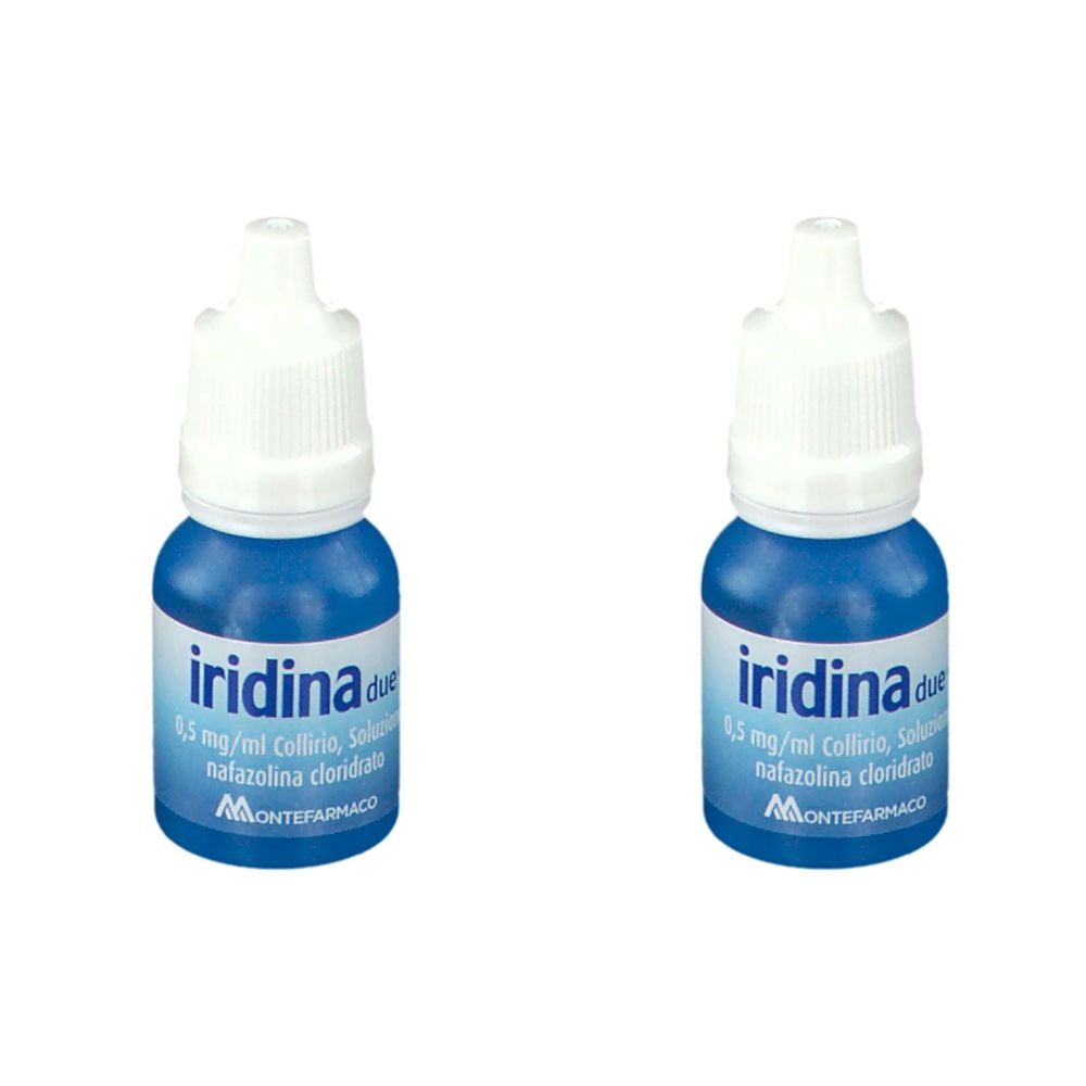 Due flaconi blu di collirio con tappo bianco. Etichette con "iridina due" e altre informazioni.